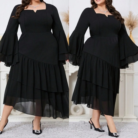 ⬇️SHEINCurve+ Black Asymmetrical Ruffled Cocktail Dress - Picture 2 of 5